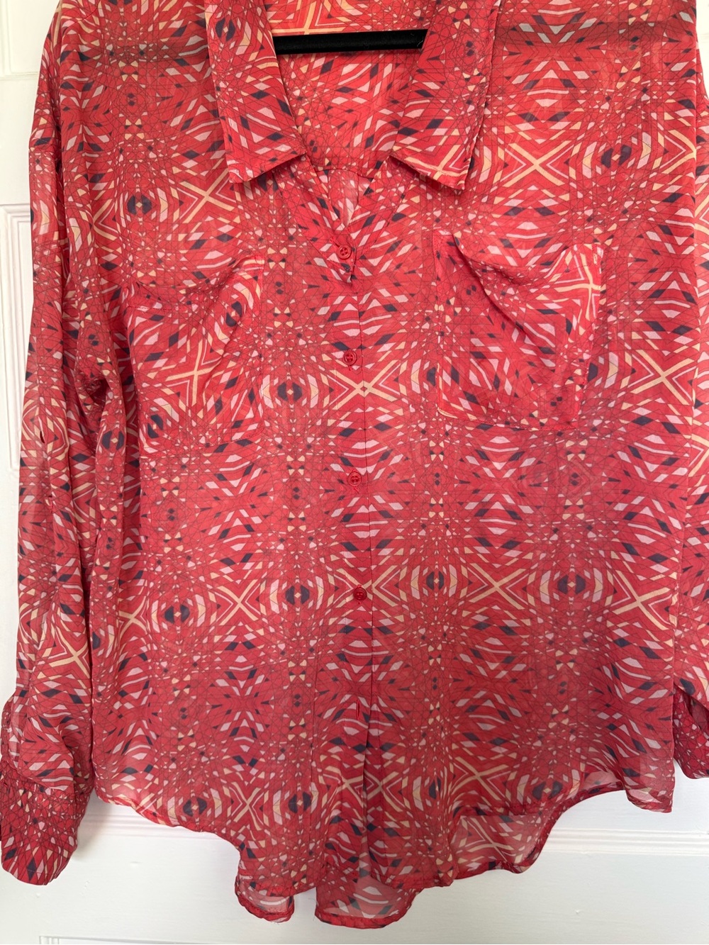 Free People Easy Rider Sheer Chiffon Coral Geometric Print Button-Down Shirt M - Picture 7 of 13